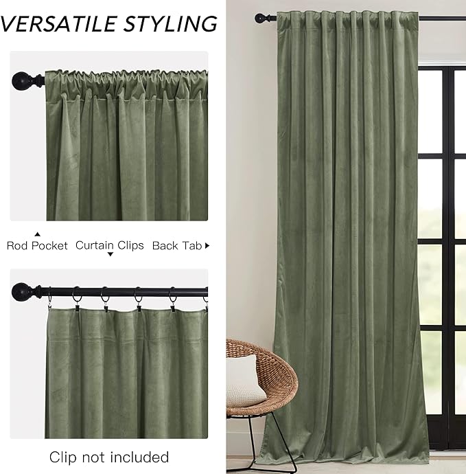 RYB HOME Sage Green Velvet Curtains 96 inch, Room Darkening Super Soft Velvet - Image 3