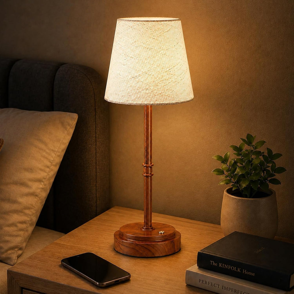 Rechargeable Cordless Table Lamp, Battery Operated Bedside Lamp, Wood Grain
