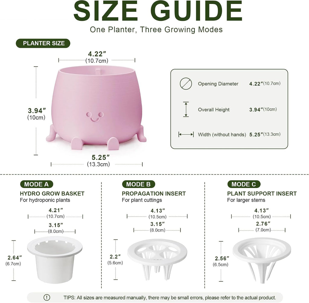 TOPOLA 5.2 Inch Hydroponic Happy Face Planter with 3 Interchangeable Grow Baskets, Water Culture Pot for Pothos, Lucky Bamboo & Plant Propagation, Decorative Desktop Planter for Home & Office, Sakura