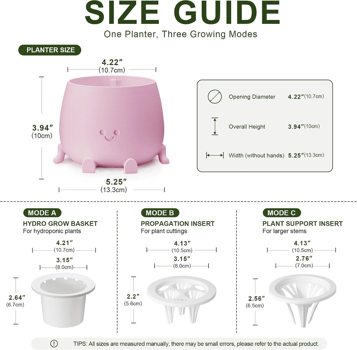 TOPOLA 5.2 Inch Hydroponic Happy Face Planter with 3 Interchangeable Grow Baskets, Water Culture Pot for Pothos, Lucky Bamboo & Plant Propagation, Decorative Desktop Planter for Home & Office, Sakura