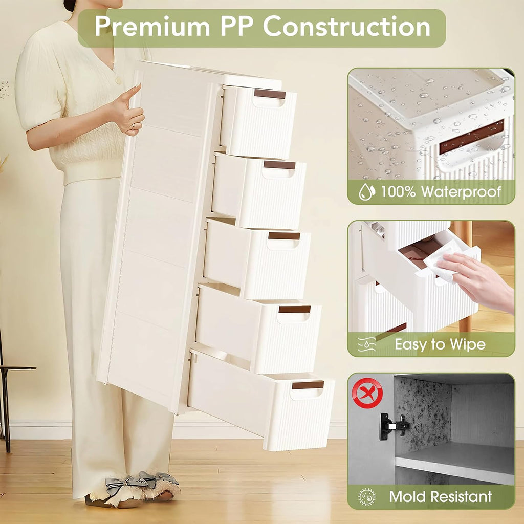 Narrow Bathroom Storage Cabinet with 5 Drawers, 7.5-Inch Wide, White