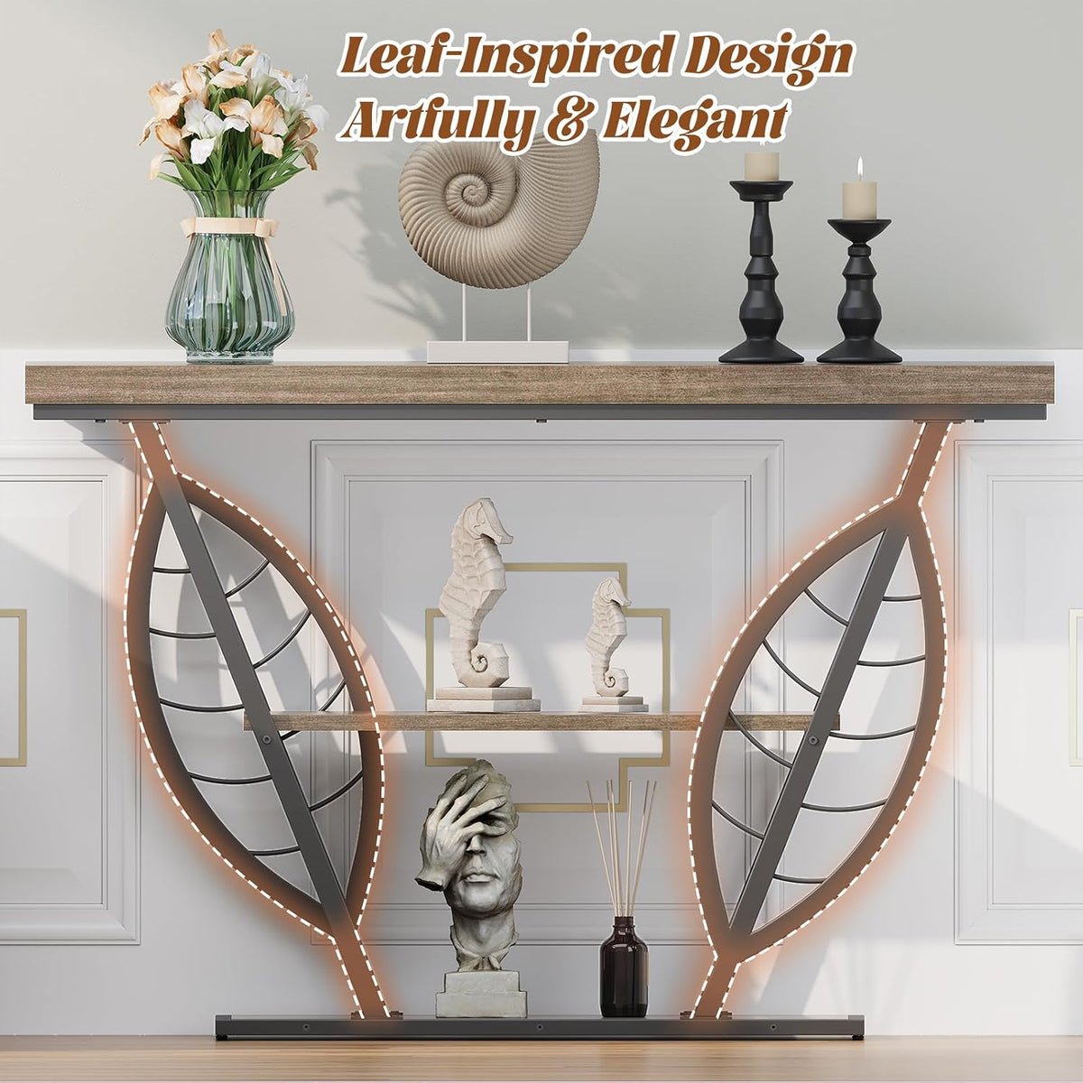 HavenlyYouth Leaf Design Console Table for Entryway, 3-Tier Storage, 30mm Thick Industrial Metal Frame, Easy-to-Assemble Narrow Accent Table, Space-Saving for Hallway, Entrance, Foyer.Gray