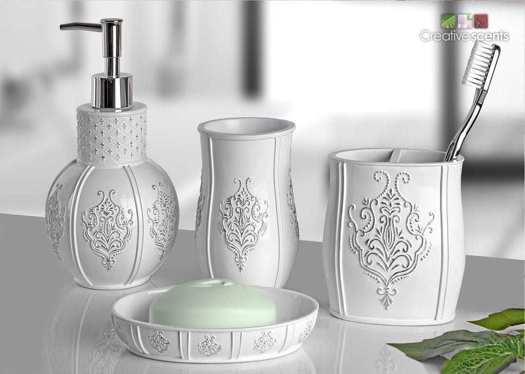 Creative Scents Vintage White 4 Piece Resin Bathroom Accessories Set