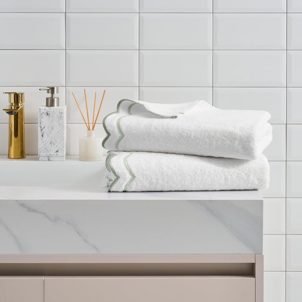 Peri Home 100% Cotton Hand Towel for Bathroom, Embroidered, Soft & Absorbent, 500 GSM, 1 Piece, 16" x 27", White with Blush Scallop