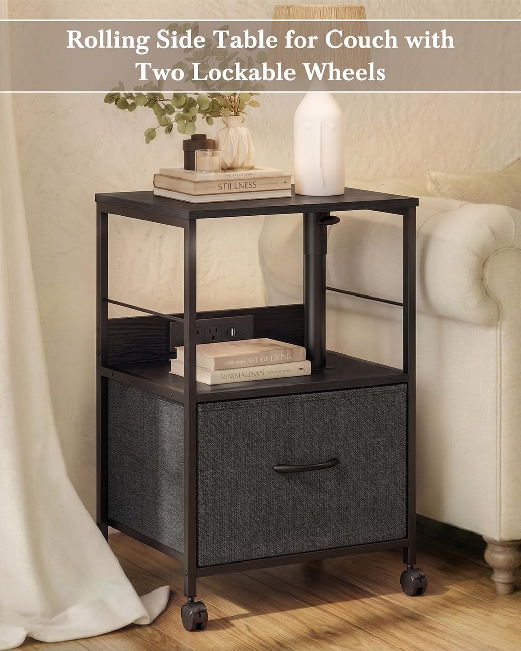Faesun Night Stand with Charging Station & Swivel Top, Black Gray