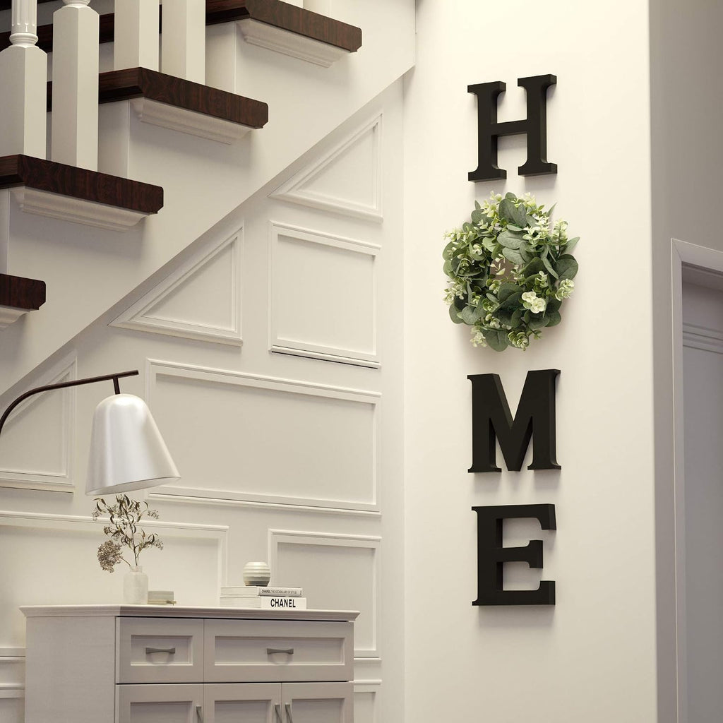 Wooden Home Letters with Wreath Artificial Eucalyptus Modern Decorative Hanging Farmhouse Sign for Living Room & Kitchen - Housewarming & Couple Gifts - Christmas Decoration