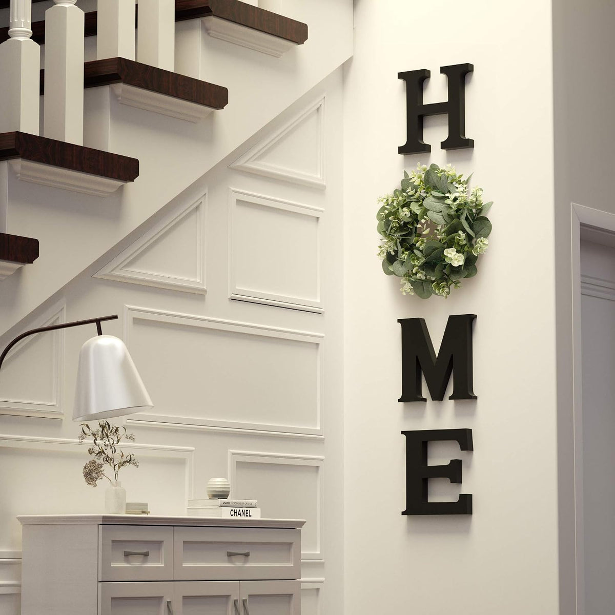 Wooden Home Letters with Wreath Artificial Eucalyptus Modern Decorative Hanging Farmhouse Sign for Living Room & Kitchen - Housewarming & Couple Gifts - Christmas Decoration