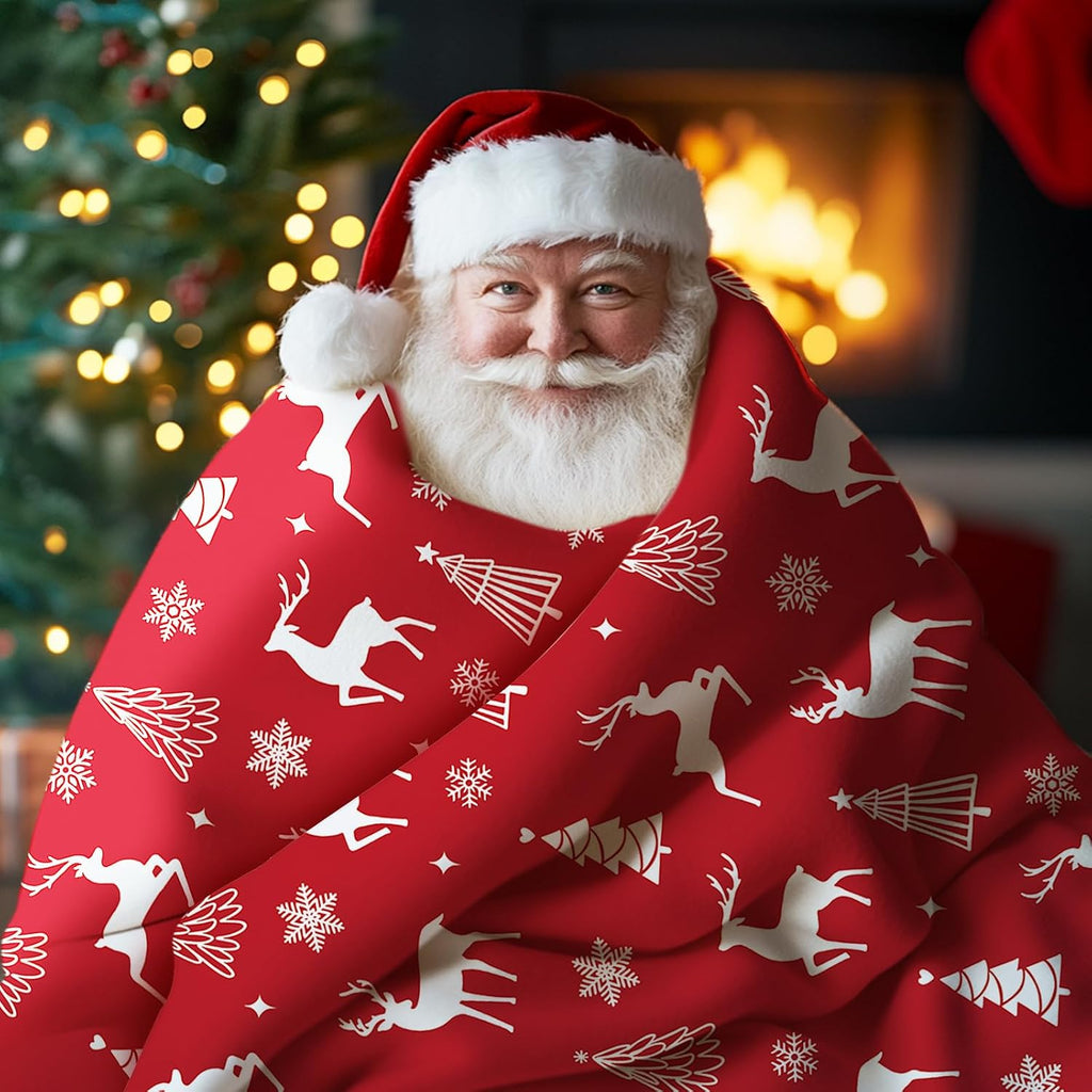 Christmas Tree Reindeer Red Flannel Throw Blanket