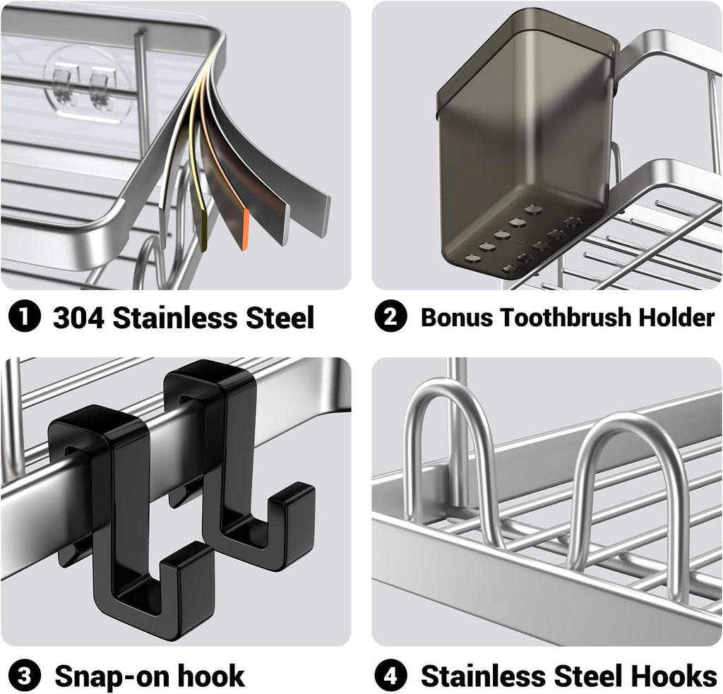 AKTECKE Corner Shower Caddy Shelf Rack: 2 Pack Adhesive Shower Organizer Essentials - No Drilling Stainless Steel Bathroom Storage Rack with Hooks and Toothpaste Holder