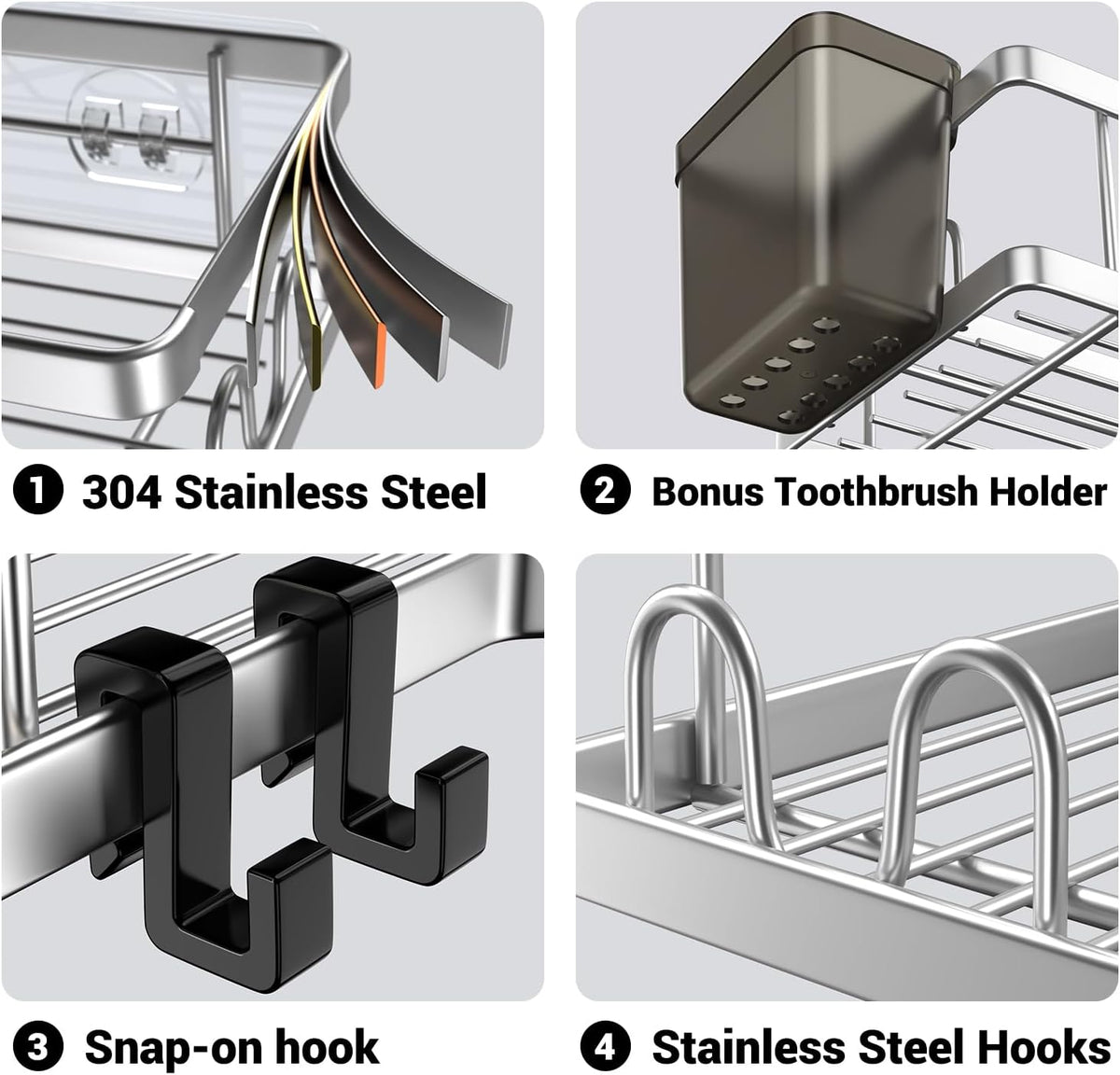 AKTECKE Corner Shower Caddy Shelf Rack: 2 Pack Adhesive Shower Organizer Essentials - No Drilling Stainless Steel Bathroom Storage Rack with Hooks and Toothpaste Holder