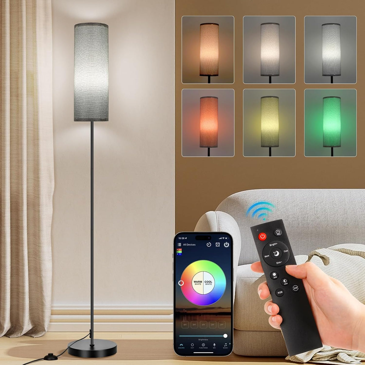 FRIDEKO HOME Floor Lamp, 9W 800LM Smart Bulb, Tall Corner Lamp, Gray Shade