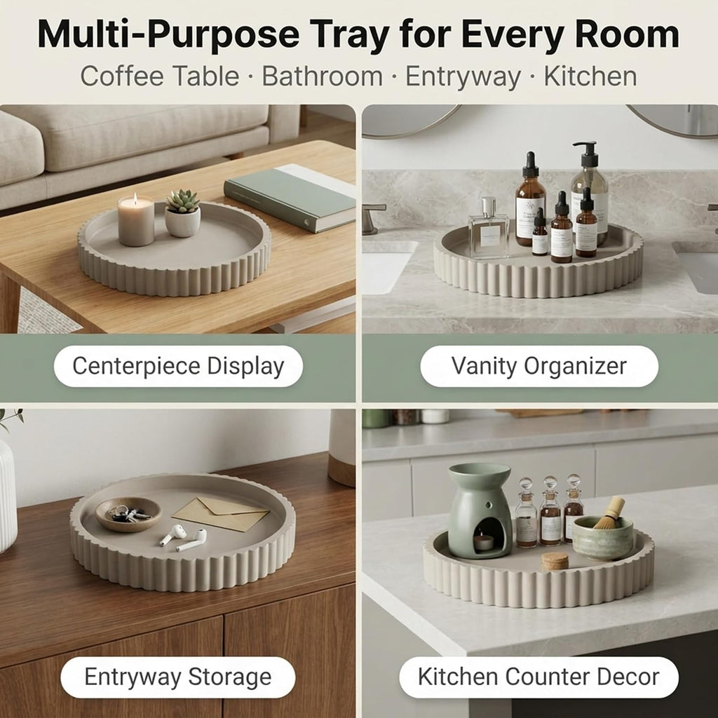 Round Solid Concrete Tray, Fluted Centerpiece for Coffee Table Decor 13"