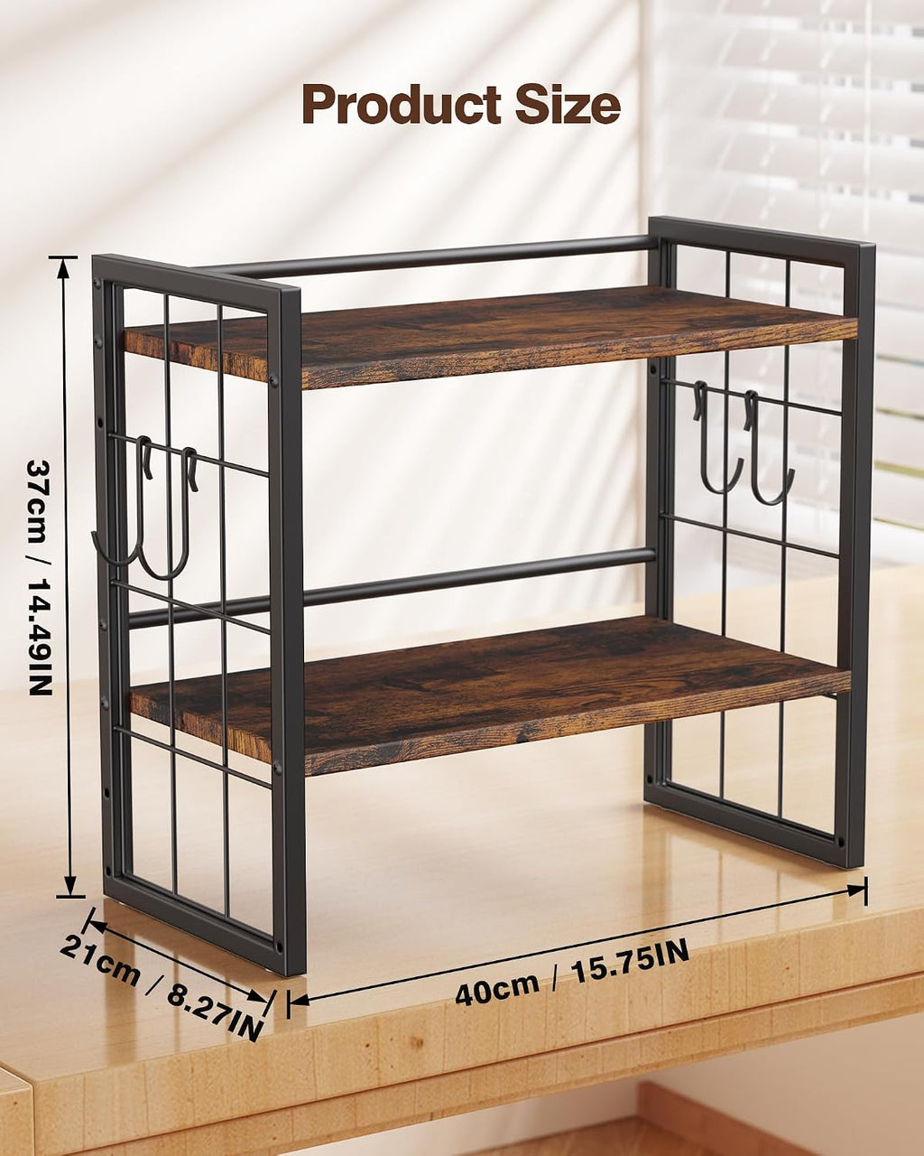 2-Tier Desktop Bookshelf, Desk Shelf Organizer, Rustic Brown