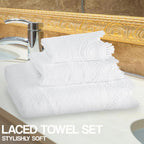 3 Piece Laced Bath Towels Set for Bathroom, Bath, Hand & Wash Cloths, Decorative Stylish Plush Cotton Washcloths - Showering, Face & Body Washing, Airbnb Essentials & Host Accessories, White