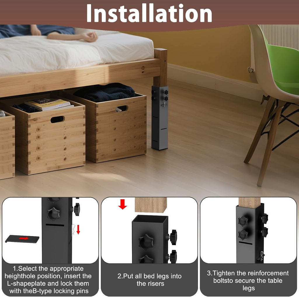 2025 Up-Grade College Dorm Bed Risers 3.15" Diameter Carbon Steel Metal Bed Riser Square Tall Bed Riser for Wooden Bed Frame Table Adjustable Height 3.2", 5.1", 8.1" or 11.2",to 10,000 lbs