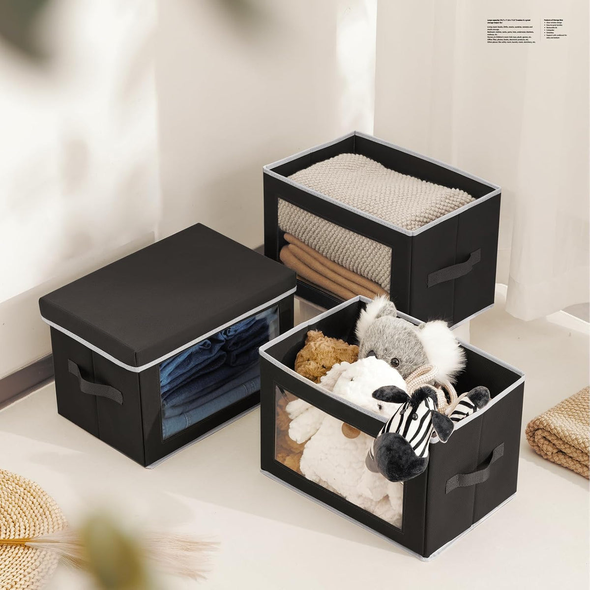 Homsorout Storage Boxes with Lids, Collapsible Storage Bins with Handles, Closet Storage Baskets with Window, Fabric Storage Containers for Organizing Clothes, Towels, Books, 3 Packs, Black
