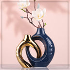 Navy Blue Home Decor Ceramic Vase, Navy Blue Gold Vase with Holes Set of 2
