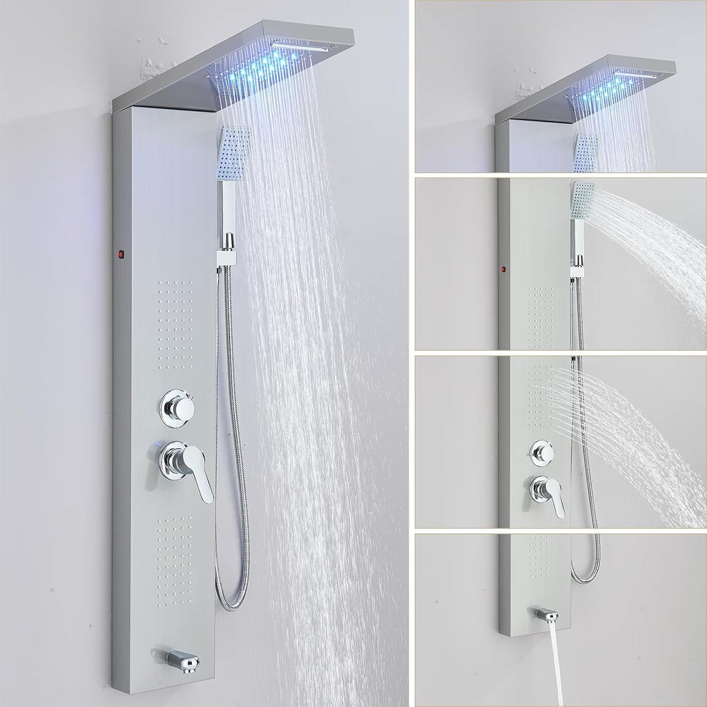 Shower Panel Wall Mount Shower Tower with Body Shower Jets LED Shower Head Rainfall Shower Panels System Stainless Steel Shower Faucet Set, Brushed Nickel