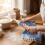 100% Linen Hand Towels 2 Pcs, 16x40 Inch Boho Decorative Kitchen Towels with Short Edge Tassel, Absorbent Soft Guest Bathroom Tea Dish Towels, Farmhouse Sink Towel Set,Blue