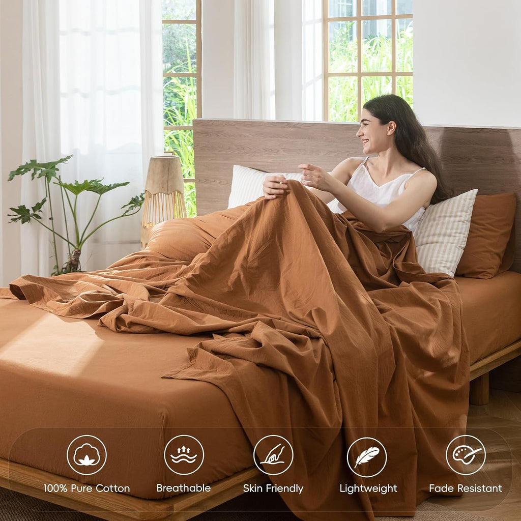 MooMee Sheet Set 100% Washed Cotton Linen-Like Extra Deep Pocket Queen
