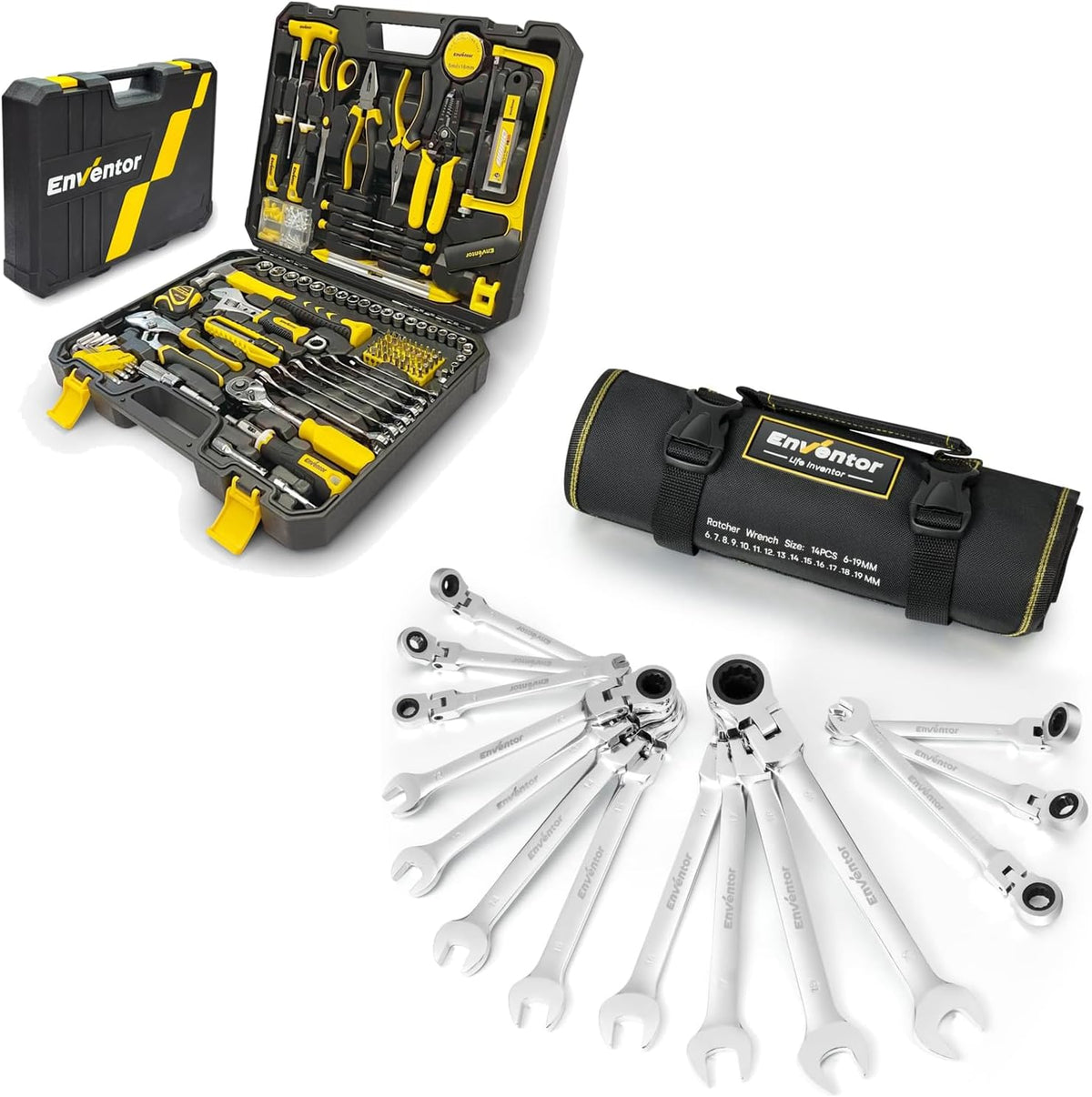ENVENTOR 220 PCS Home Tool Kit & 14 PCS Wrench Set Metric 6-19mm