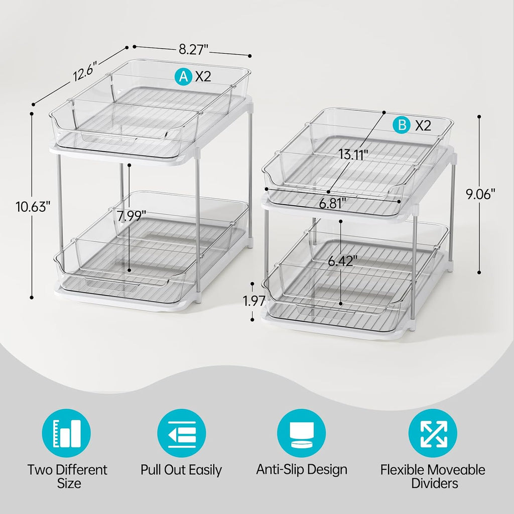 Delamu 4 Pack 2-Tier Bathroom Under Sink Organizers and Storage, Multi-Purpose Stackable Pantry Organization and Storage, Pull Out Clear Kitchen Bathroom Cabinet Organizer with Movable Dividers, White