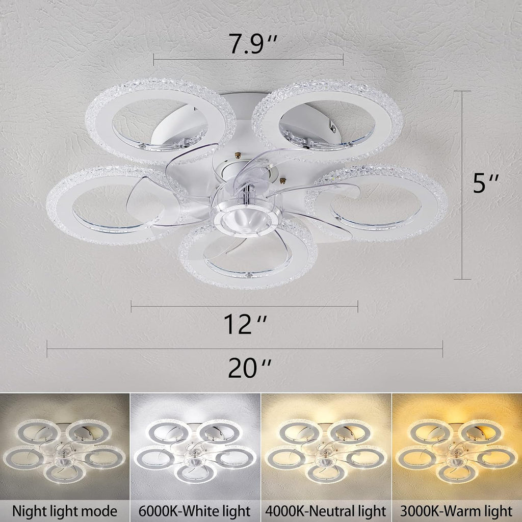 Dalouguan Modern Ceiling Fan with Light, 20" White Personality Geometric 6 Speeds 3 Light Color Low Profile Flush Mount Ceiling Fan for Kitchen Bedroom