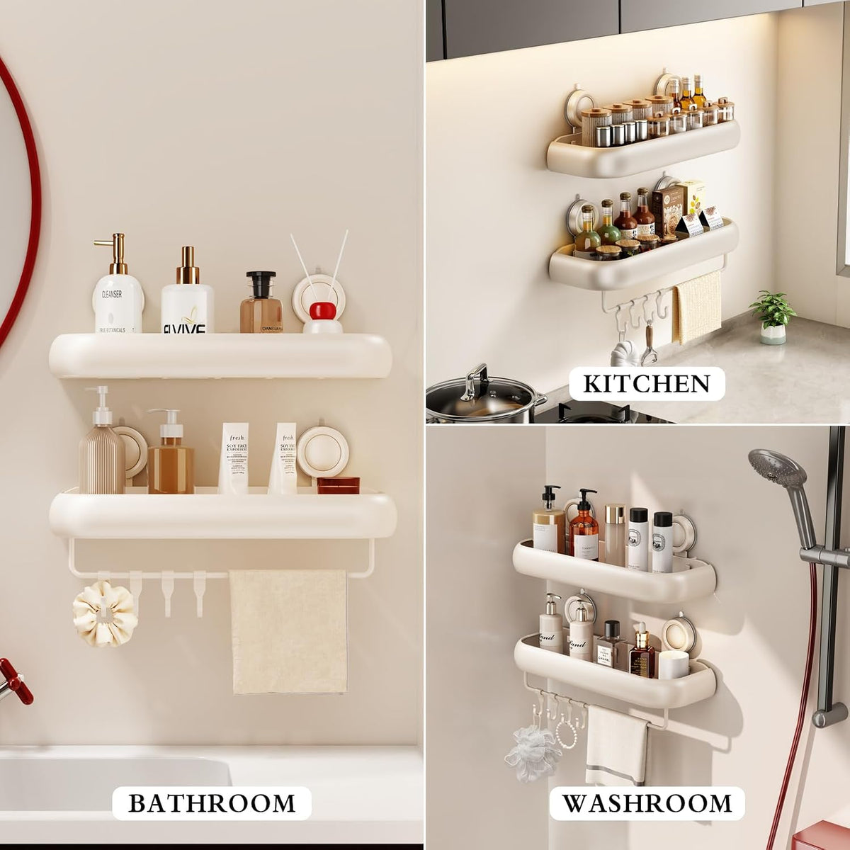 Shower Caddy Suction Cup, 2 Pack No Drilling Corner Shower Shelves, Rust Proof Bathroom Storage Organizer, Shower Corner Caddy with Removable Hooks and Towel Bar, Square, Cream