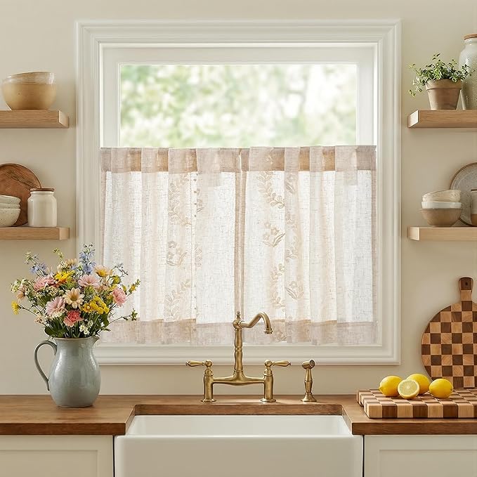 jinchan Belrose Linen Floral Kitchen Curtains 24 inch Length Embroidered by JINCHAN
