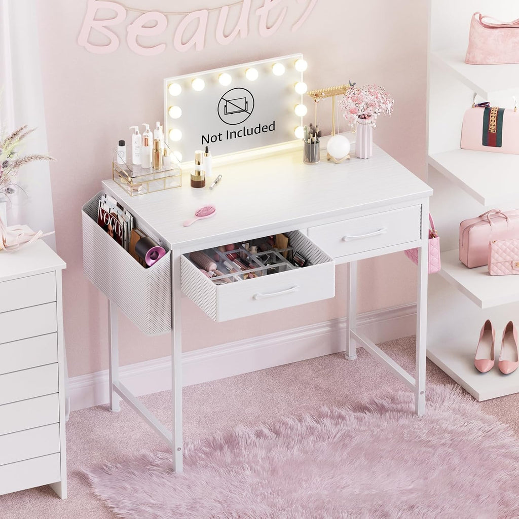 DLisiting 32 Inch Small White Desk with 2 Drawers