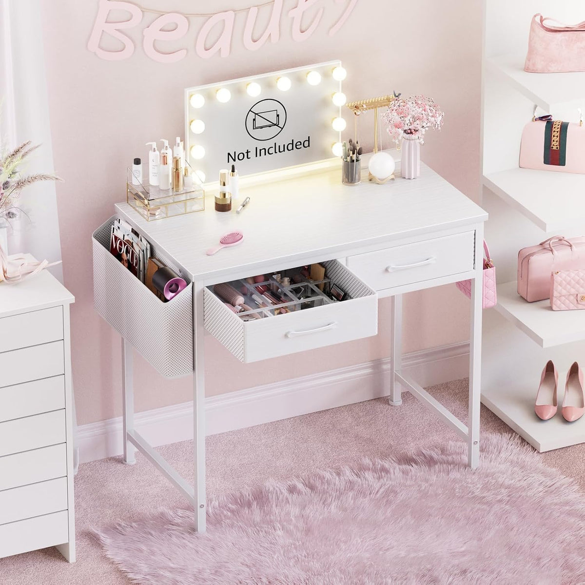 DLisiting 32 Inch Small White Desk with 2 Drawers