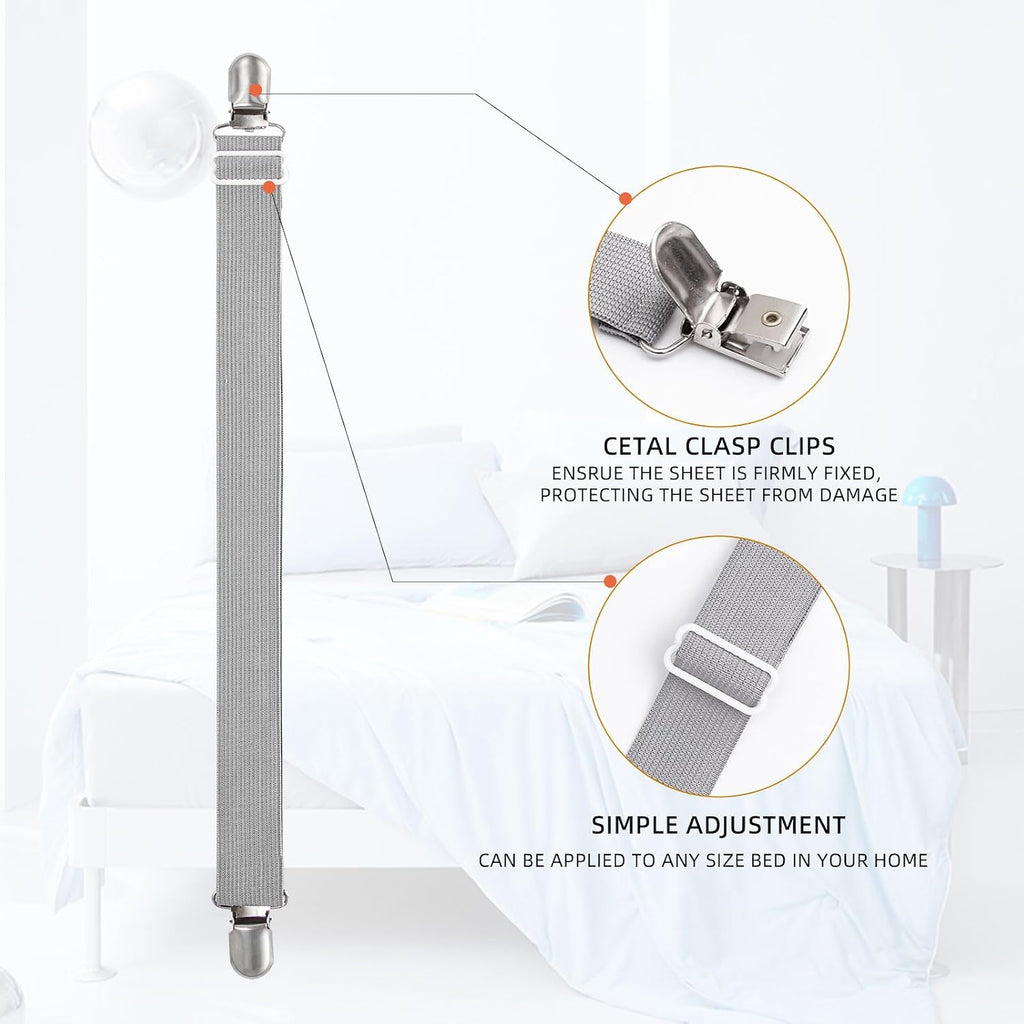 8Pcs Adjustable Bed Sheet Straps Clips, Elastic Mattress Sheet Fasteners Holder and Suspenders, Grippers to Hold Sheet, Mattress, Sofa, Couch, Table Cloth, Ironing Board Cover(Grey)
