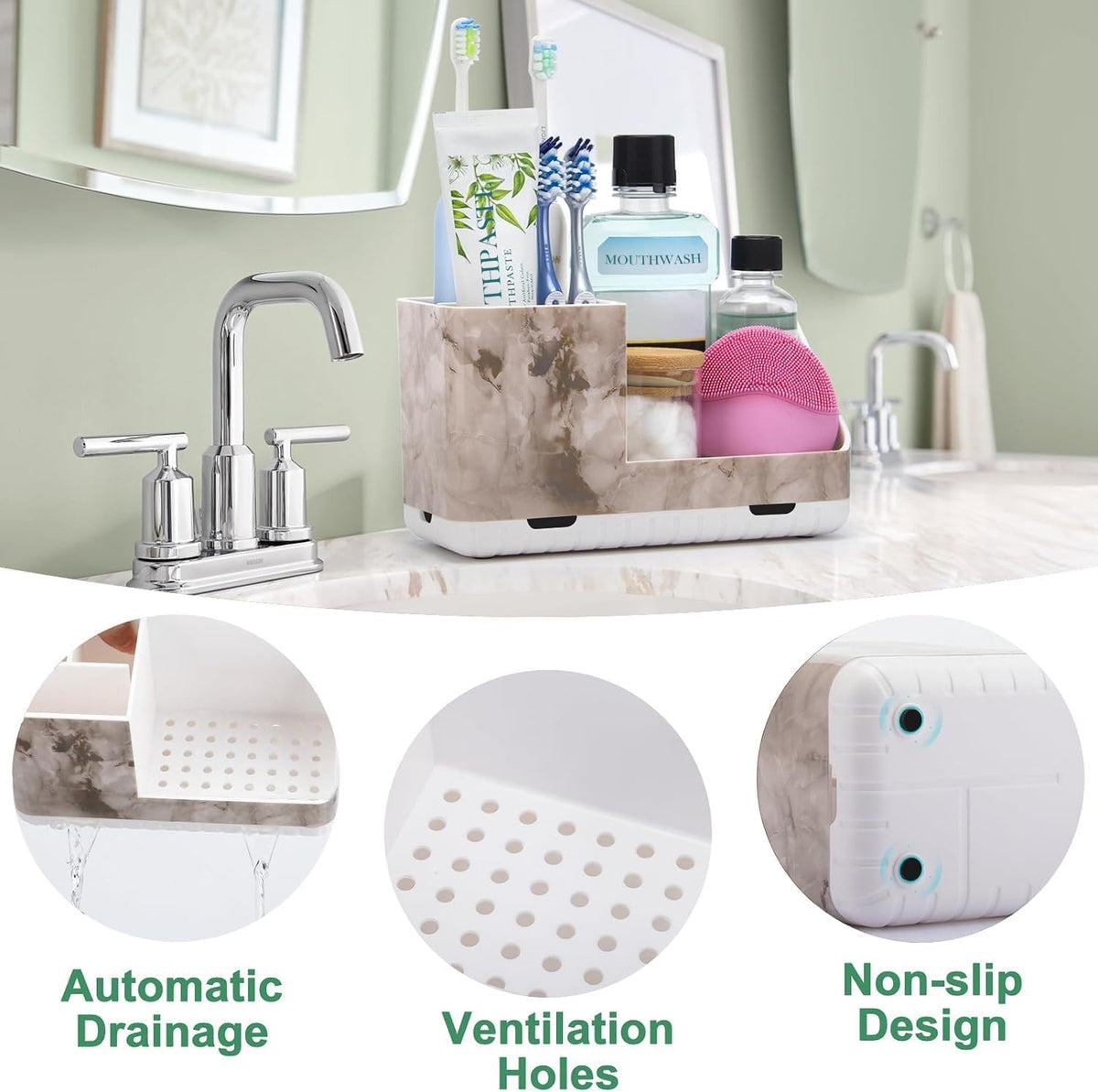 Toothbrush Holders for Bathroom Countertop Organizer (White Marble Grain)