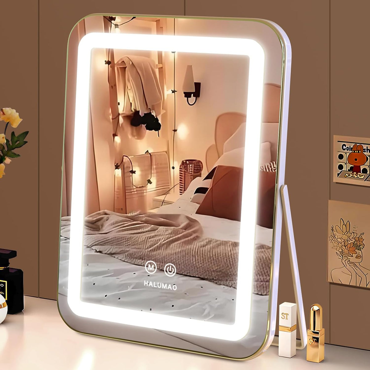 halumao Vanity Mirror with Lights, 14.5" Light Up Makeup Mirror, LED Makeup Mirror with Lights for Bedroom Tabletop, Smart Touch Control 3 Colors Dimmable, 360° Rotation