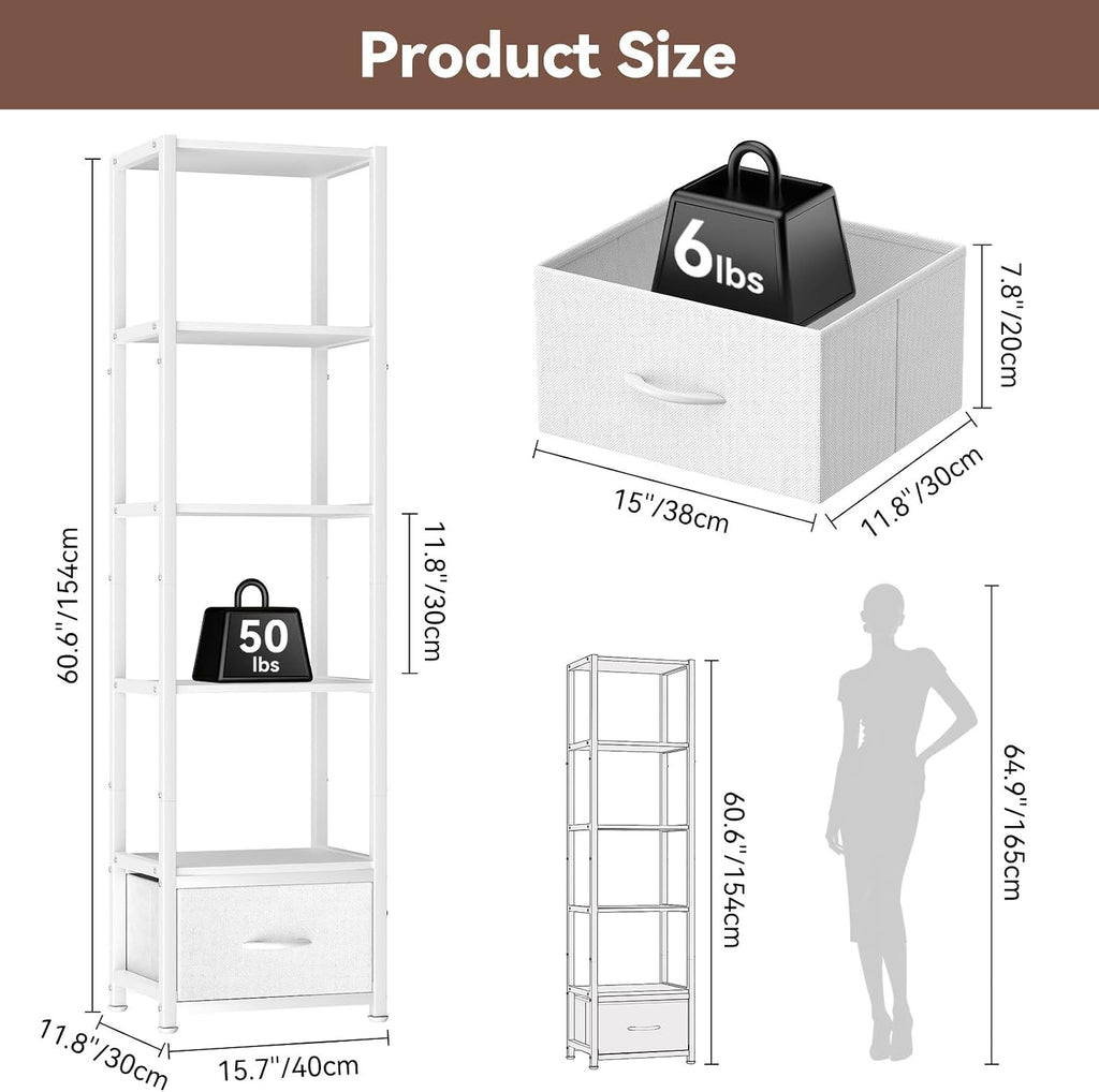 Housolution 6 Tier 60.6" Tall Bookshelf with Storage and LED Light, White
