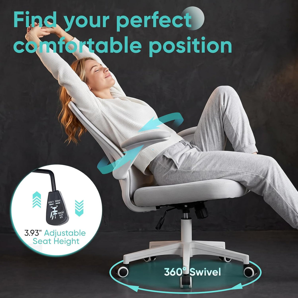 Office Chair, Ergonomic Desk Chair with Adjustable Lumbar Support and Flip up Armrest, Breathable Mesh Computer Chair for Home Office & Rolling Work Swivel Task Chairs