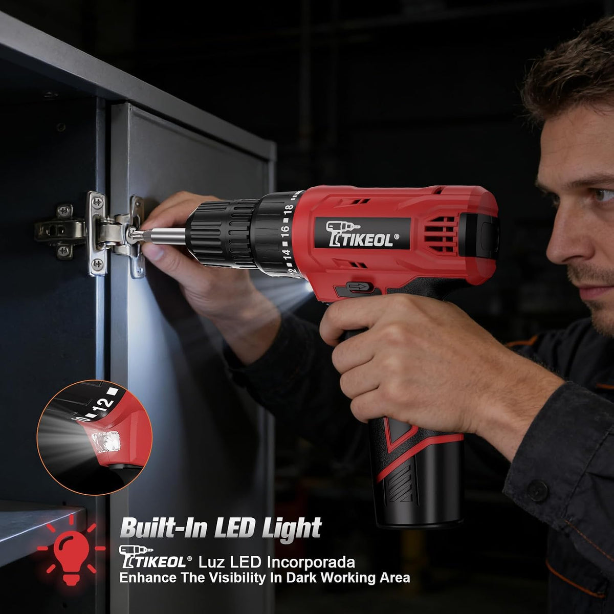 12V Cordless Drill Set with Battery & Charger, Electric Power Drill with Pure Copper Motor, 180 In-lbs Torque, 18+1 Clutch, 3/8" Keyless Chuck, LED Light, Drill Kit for Home Repair, DIY(RED)