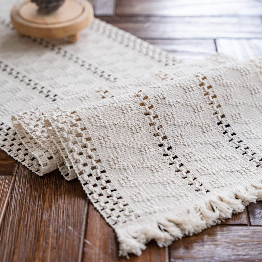 Macrame Table Runner Cream Beige Boho Table Runners with Tassels 12x71in