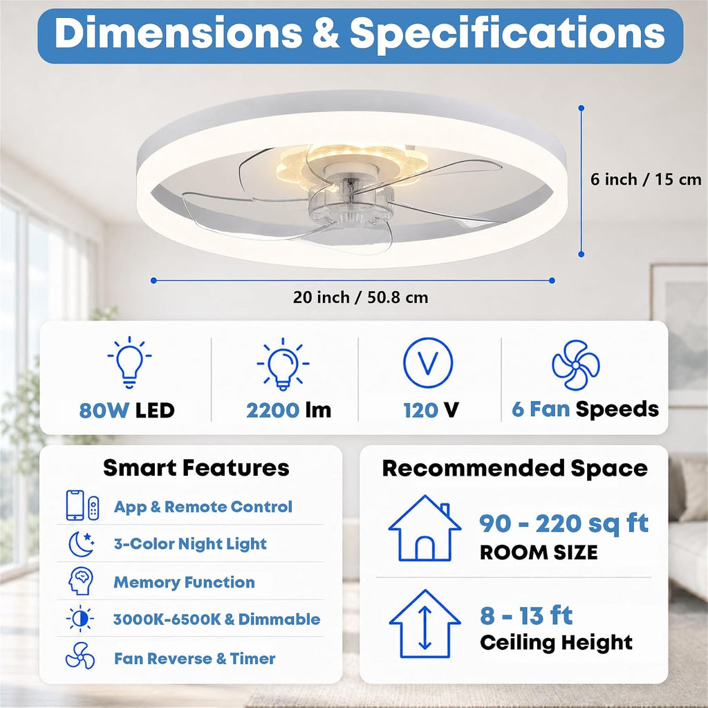 20'' Ceiling Fan with Light and Remote,White Low Profile Fandelier