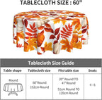 Fall Round Tablecloth 60 Inch Thanksgiving Harvest Autumn Pumpkin Fallen Leaves Maple Leaf Print Decorative Table Cloth Holiday Decorations Seasonal Decor for Home Kitchen Dining Room Picnic Party