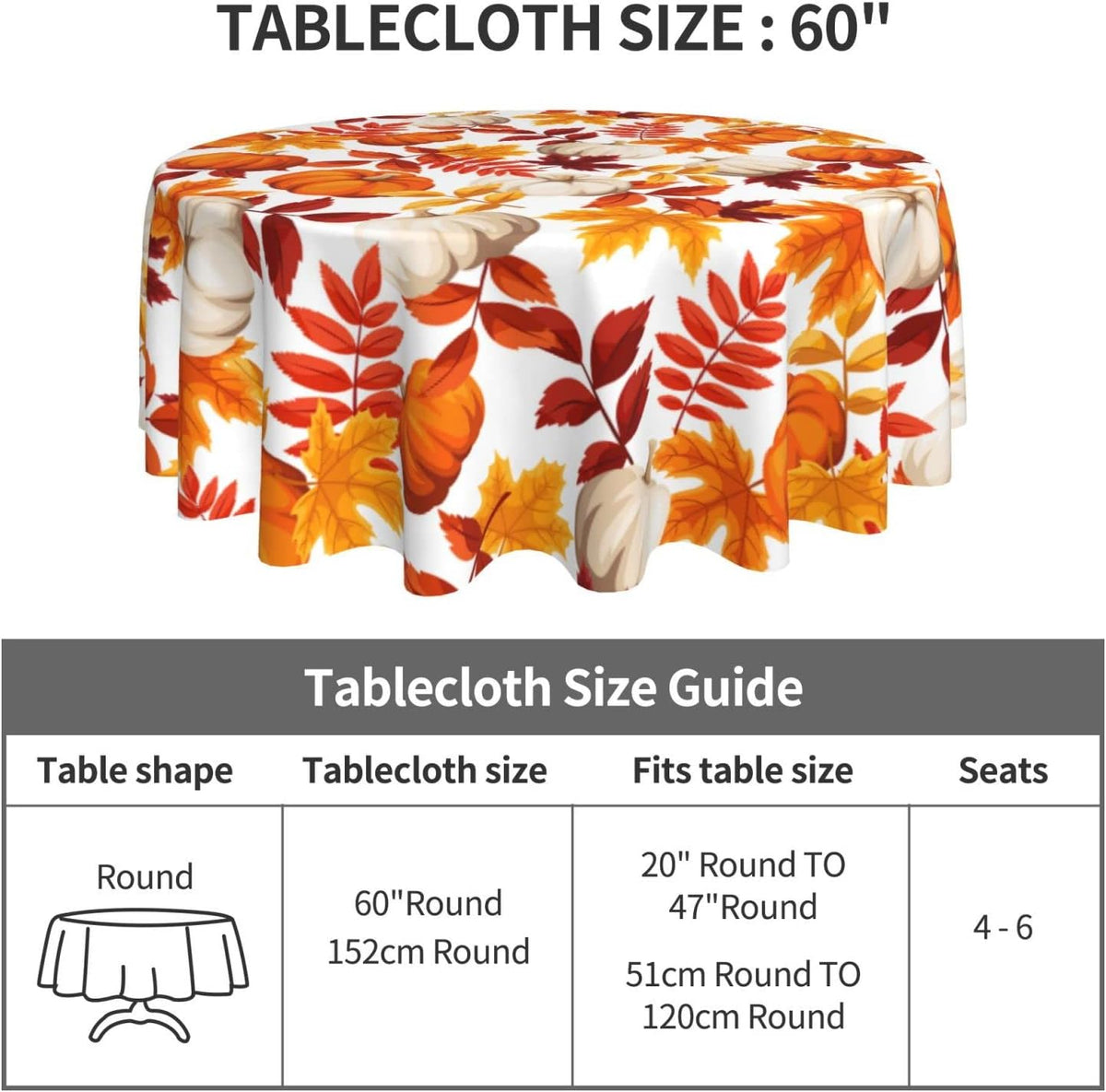 Fall Round Tablecloth 60 Inch Thanksgiving Harvest Autumn Pumpkin Fallen Leaves Maple Leaf Print Decorative Table Cloth Holiday Decorations Seasonal Decor for Home Kitchen Dining Room Picnic Party