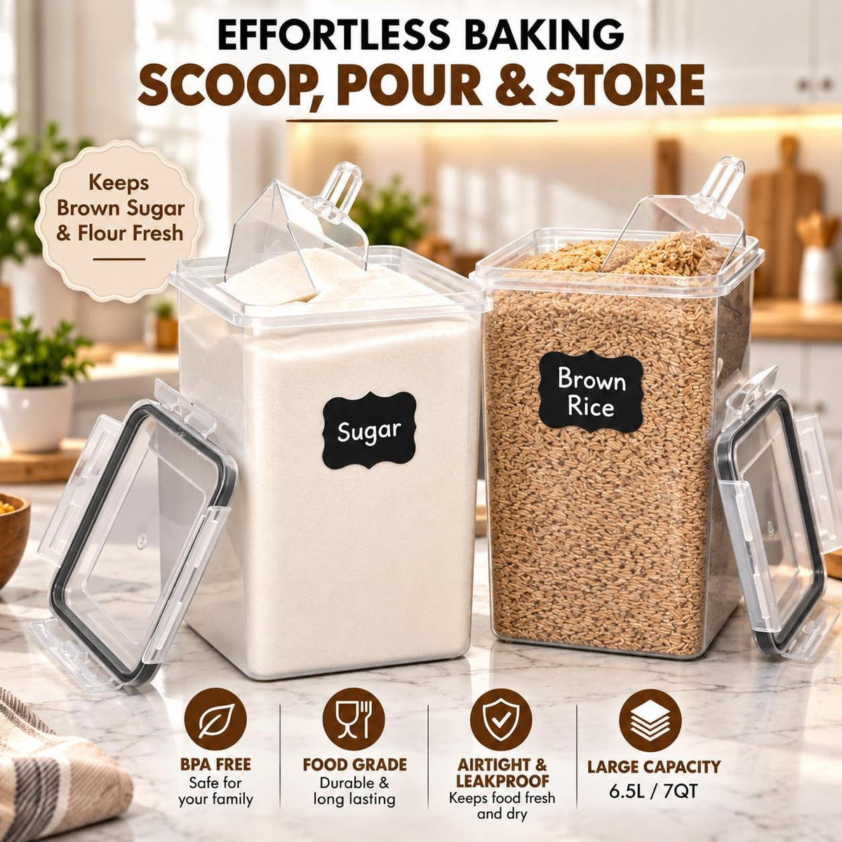 2 PC [7 Qt/ 6.5L/ 220 Oz] Large Flour Storage Containers with Airtight Lids