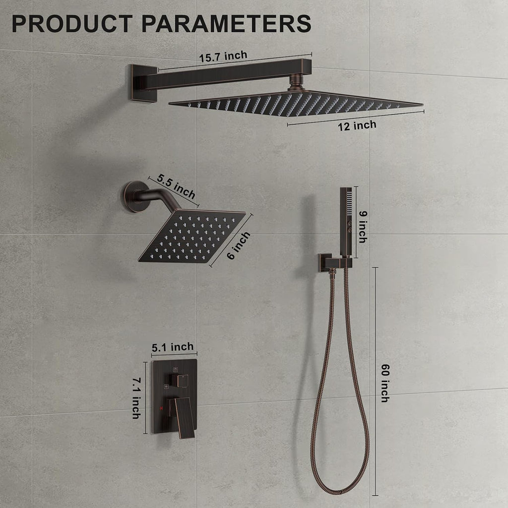 Rain Shower System 12"&6" Shower Heads Wall Mount Shower Faucet Set