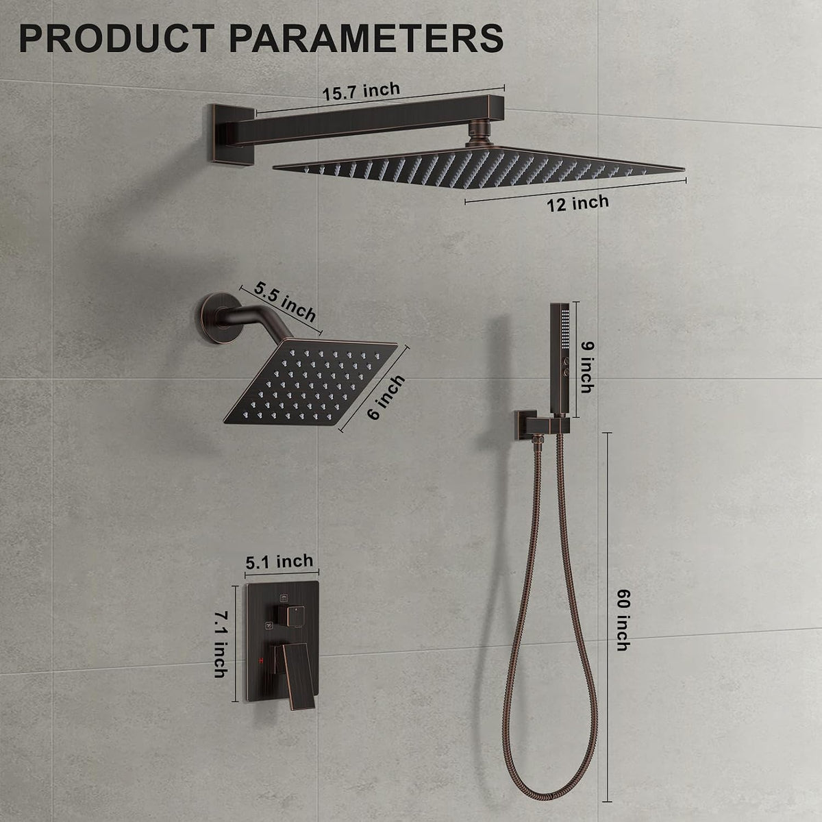 Rain Shower System 12"&6" Shower Heads Wall Mount Shower Faucet Set