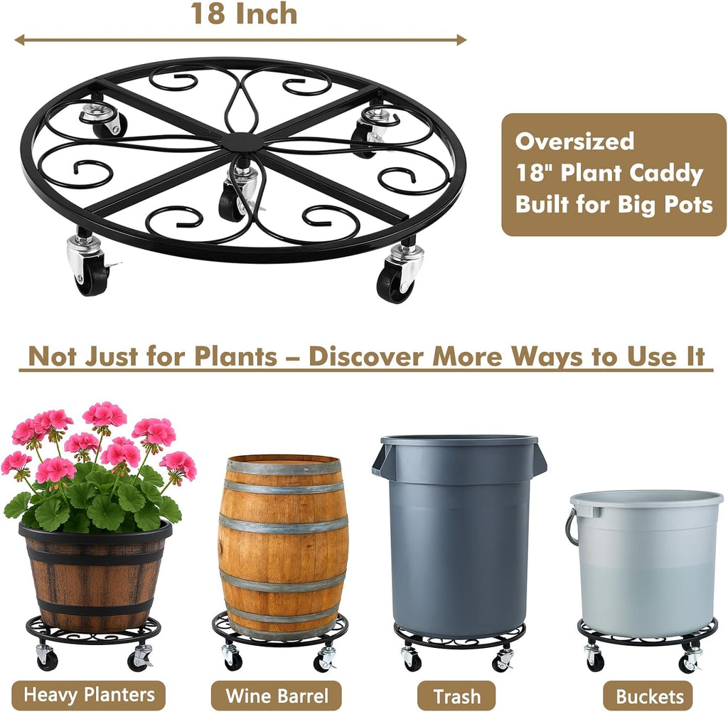 4 Pack Plant Caddy with Wheels 18 Inch Rolling Plant Stand for Large Plants Heavy Duty Plant Rollers Metal Plant Dolly Rustproof Planter Stand Wrought Iron Plant Stands Flower Cart Outdoor