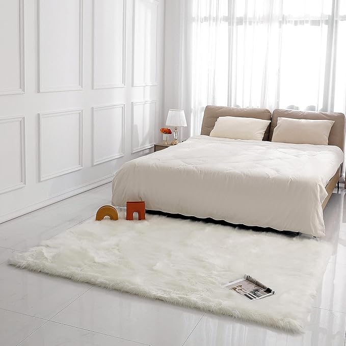 linmopm Faux Fur Rug Sheepskin Shag Fluffy Fuzzy 5x7 ft White Rugs - Image 3