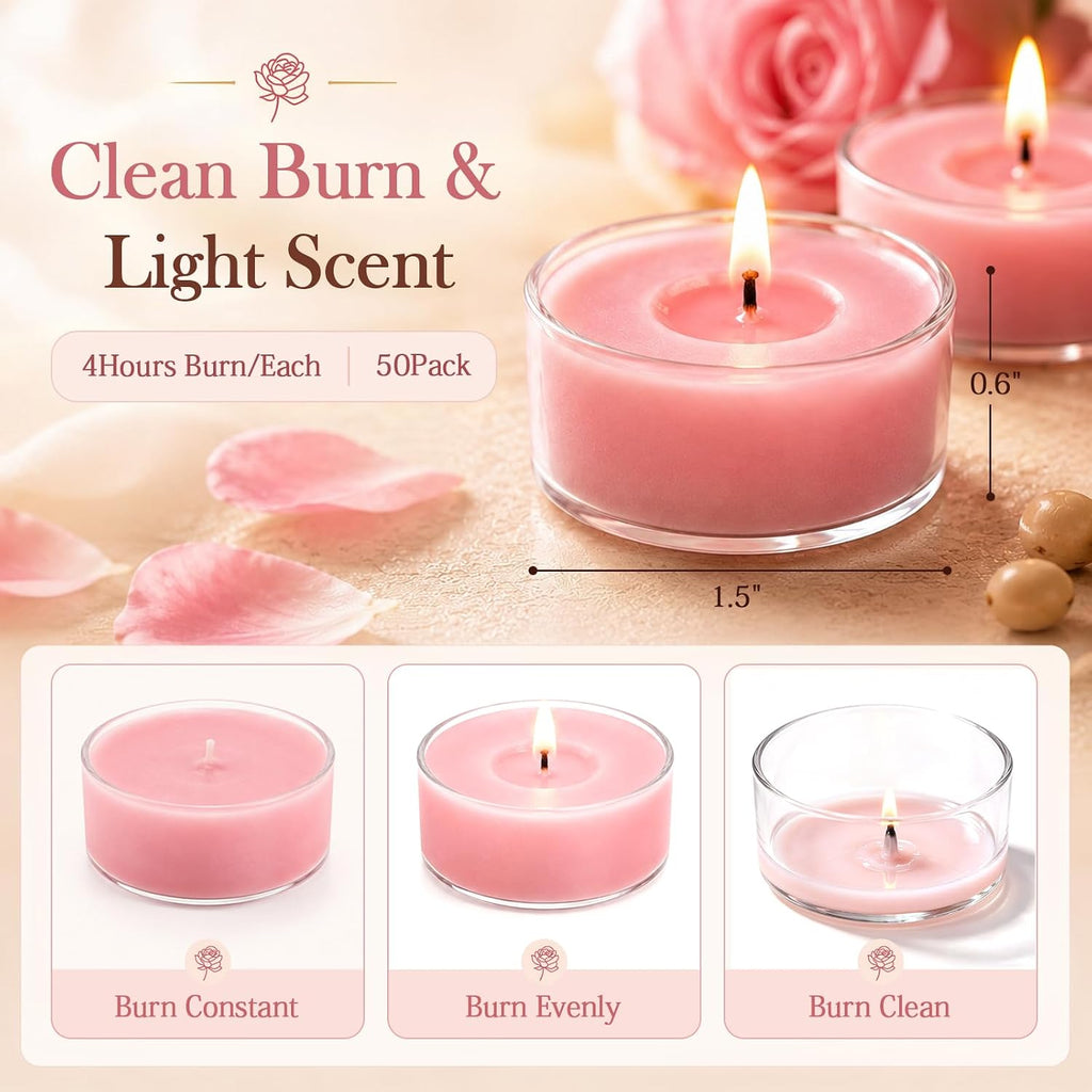Rose Scented Tea Light Candles 50 Pack Natural Soy Wax Tealight Candles