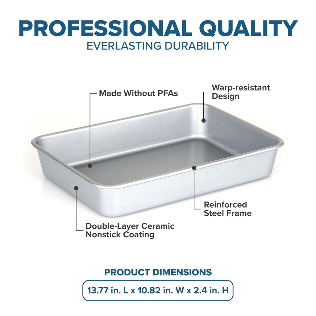Viking Premium 13 x 9-Inch Nonstick Ceramic Roasting Pan, Made without PFAS, Heavy Gauge Aluminized Steel Baking Pan Sheet with Reinforced Iron Frame, Even Heating Cookware, Oven Safe to 475F, Silver