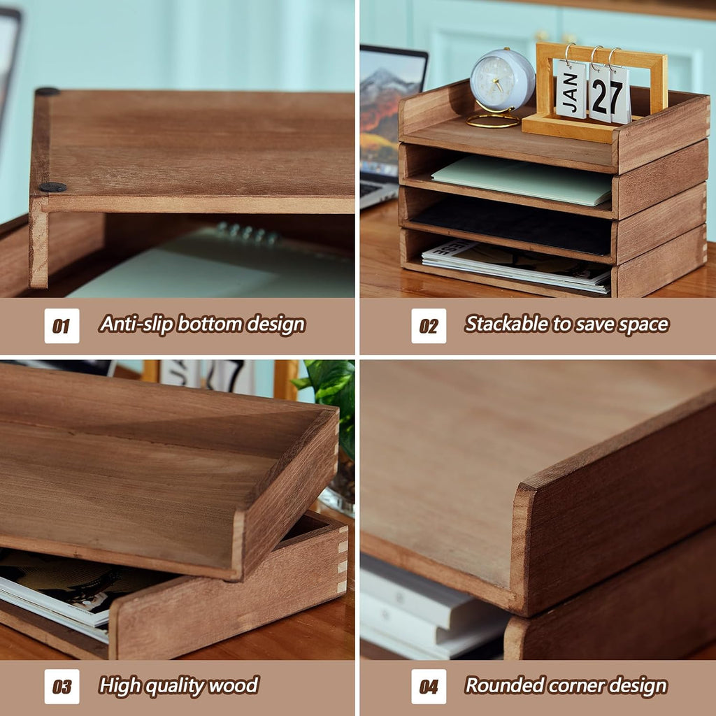 Yeaqee 4 Pcs Stackable Organizer Tray Wood Desk Organizer, Dark Wood Color