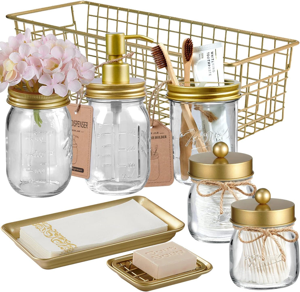 SheeChung 8PCS Mason Jar Bathroom Accessories Set Complete - Bronze